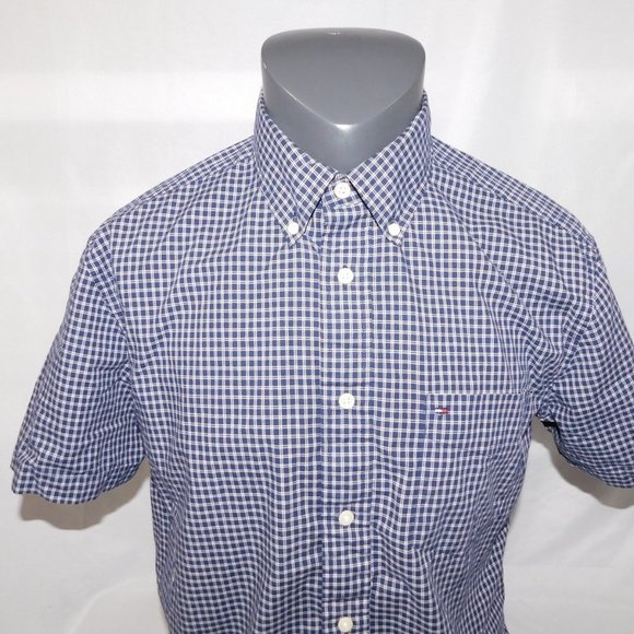 Tommy Hilfiger Mens M Blue White Plaid Check Short Sleeve Button Front Shirt - Picture 3 of 7
